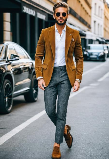 street style photo, full body, beautiful man, 30 years old,  Classic Fashion, luxurious outfit