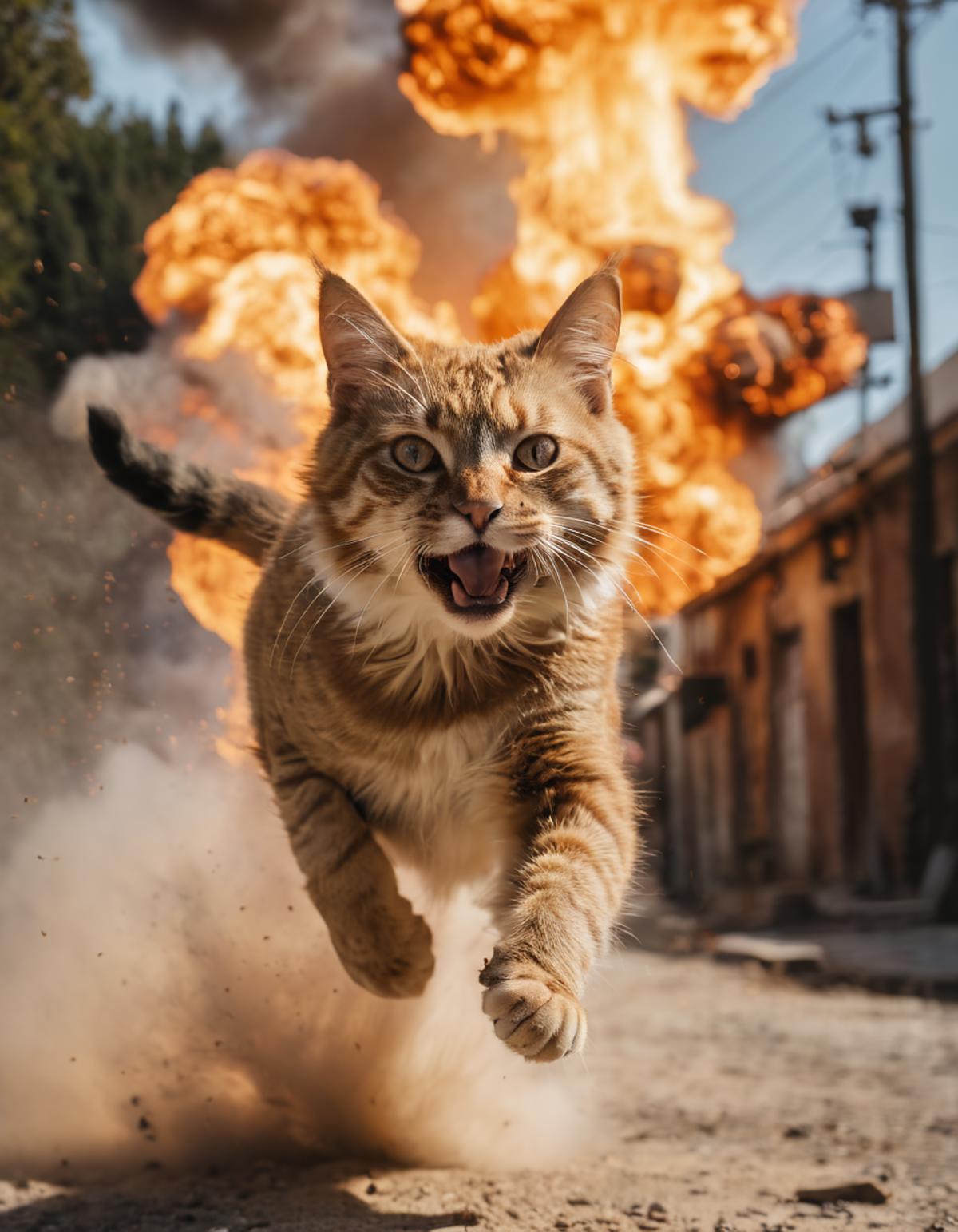 A cat running in the street with fire in the background.