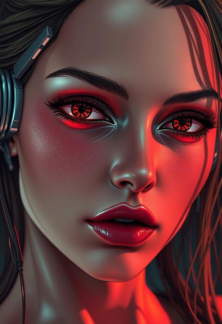 detailed cyberpunk sci-fi image. portrait of elle, a young beautiful woman. elle is a cyberpunk woman with a cyber bio-mechanical face.  human skin texture integrates seamlessly with futuristic bionic mechanical implants. One eye is cybernetic that glows dark red and has intricate patterns. Soft pink smooth lips. reflective metallic details on her face. Lighting is warm and dynamic. DB4RZ, DB4RZ style painting, NeoPigma, in the style of cksc, anime, cyberpunk, not a single person or human being is visible