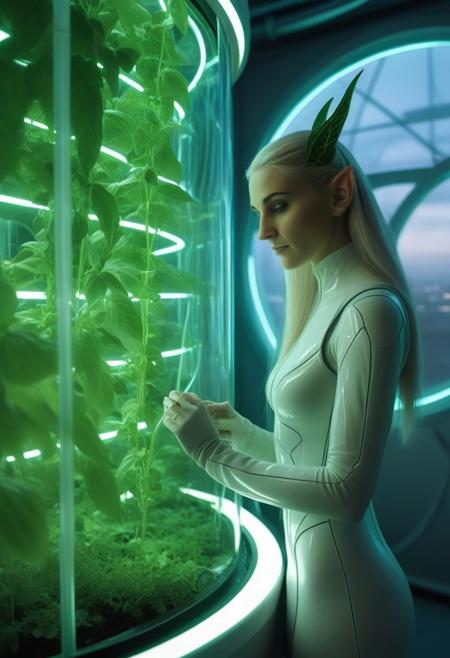 Serene High Elf bio-engineer with leaf-like ears and glowing green veins, tending to a vertical hydroponic garden in a hermetically sealed biodome, futuristic lab equipment and holographic plant data displays nearby, contrasting lush greenery against the stark industrial cityscape visible through curved glass walls, air purification systems humming in the background FastNegativeV2