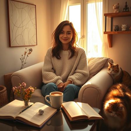 Early morning in a small, cozy room, filled with soft, golden light. In the center of the frame sits a girl in a delicate sweater and cozy jeans. Her hair is slightly disheveled, and a quiet, dreamy smile plays on her face. The girl has settled comfortably in a large soft chair by the window, through which the first rays of the sun penetrate, illuminating the room with warm light.

On the table in front of her is a cup of aromatic coffee with foam and a small vase with wild flowers. Nearby lies a favorite book with yellowed pages and a notebook with cute drawings. In the corner of the room is a fluffy cat, curled up in a ball, which complements the feeling of home comfort.

On the wall hangs a delicate panel with an abstract pattern, and on the shelf are carefully arranged small decorative figures, creating an atmosphere of fabulous privacy. Everything in this scene exudes calm, warmth and tender romance, as if the world has slowed down, giving moments of sincere happiness and comfort.