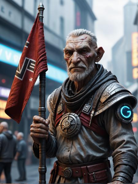 a cyberpunk old man  holding a "VAE" Flagg, detailed photo, detailed, realistic, 8k uhd, high quality