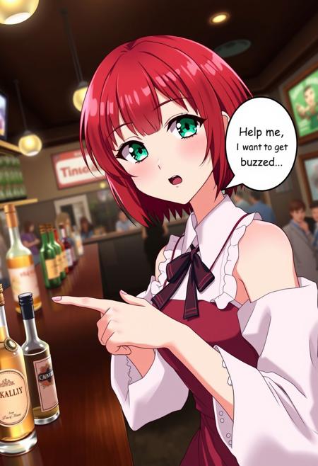 (Anime style), 1girl, red short hair, green eyes, black lipstick, cute dress, inside bar, crowded bar, (cowboy shot:1.2), pointing at liqueurs, (sad face), looking at viewer, speech bubble that says: Help me, I want to get buzzed...
