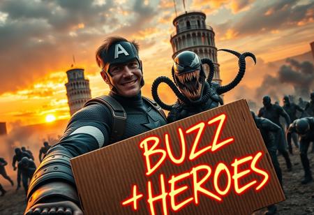 Marvel icons, Captain America and Venom, are caught in a high-energy selfie in front of the Leaning Tower of Pisa during an intense, action-packed moment. Captain America, with his iconic shield strapped to his back, holds a vintage Kodak MC3 camera, perfectly capturing the scene. Venom strikes a chaotic pose, his tendrils playfully wrapped around Cap, as they both grin for the shot. In the background, a massive Sion army emerges from swirling dust clouds, their dark, futuristic armor reflecting the dim light of the setting sun, which casts dramatic shadows over the Leaning Tower of Pisa.
In the foreground, a neon, graffiti-styled cardboard sign reads ‘BUZZ 4 HEROES,’ glowing with holographic effects, as if the moment were part of a larger, dangerous mission. The tower leans ominously under a fiery sunset sky, while the Sion army advances, adding a sense of impending danger to this wild yet thrilling superhero adventure frozen in time