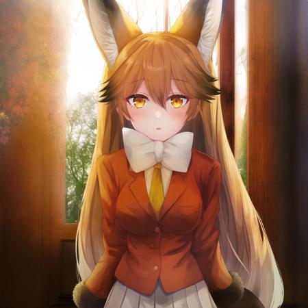 ezo, 1girl, solo, animal ears, fox ears, long hair, fox tail, blonde hair, white pleated skirt, brown gloves, brown fur trim, white bowtie, yellow legwear, long sleeves, yellow necktie, white undershirt, hair between eyes, very long hair, fur-trimmed sleeves, fox girl, bangs, orange eyes, orange blazer, brown loafers, brown tipped ears, brown tail, detailed shading, detailed ambient light