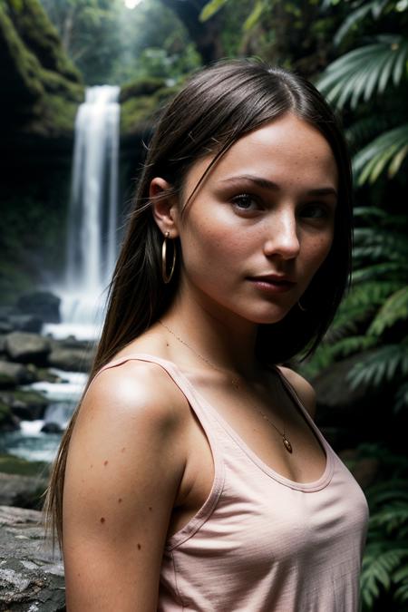 photo of (br1ana3v1gan-135:0.99), a beautiful woman, perfect hair upsweep updo, earrings, jewelry, (modern photo), (wearing a Deep Pink tank top:1.2), 24mm, (analog, cinematic, film grain:1.3), (trees and a waterfall in the background, jungle:1.2), detailed eyes, (seductive pose), (epicPhoto), (looking at viewer), (cinematic shot:1.3), PA7_Portrait-MCU