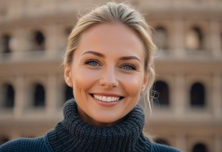 A hyper-detailed, high-resolution (8K) close-up portrait of a 40-year-old woman with sleek blonde hair tied back, wearing an oversized detailed charcoal gray knit sweater. Her striking blue eyes gleam with warmth, framed by delicate laugh lines that enhance her inviting charm. Subtle wrinkles on her face, natural skin texture, detailed natural skin. Her face is brightly lit by soft, diffused daylight, highlighting every subtle texture. She is facing the camera directly with her hands gently cupping her face. The background shows the Colosseum in Rome, bathed in warm, late afternoon light.