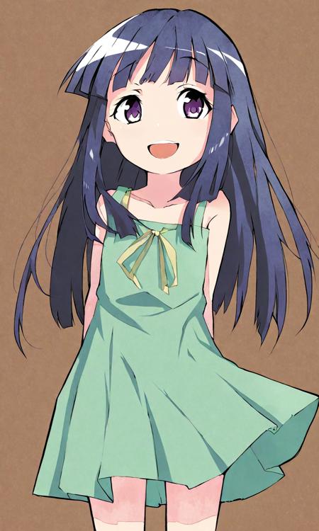 by nico tine, furude rika, 1girl, blue hair, blunt bangs, brown background, child, dress, eyebrows, green dress, hands on own hips, hime cut, long hair, open mouth, purple eyes, simple background, smile, solo, sundress, teeth, upper teeth only, <lora:sdxl - Char - Furude Rika - Bionagato>