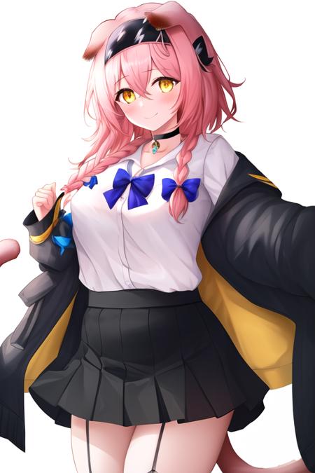 masterpiece, best quality, highres, solo, {goldenglow_arknights:1.10}, animal_ears, cat_ears, pink_hair, long_hair, hairband, yellow_eyes, cat_girl, bow, bangs, braid, hair_bow, black_hairband, tail, cat_tail, blue_bow, floppy_ears, blush, smile, closed_mouth, breasts, hair_between_eyes, 1girl, black_skirt, jacket, long_sleeves, looking_at_viewer, open_clothes, open_jacket, shirt, simple_background, single_braid, skirt, white_background, white_shirt, black_choker, choker, cowboy_shot