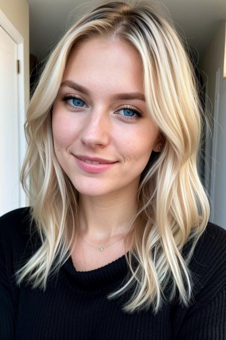 closeup face photo of 25 y.o Aiva (blue eyes) (blond hair) in black sweater, cleavage, pale skin, (smile:0.4), hard shadows
