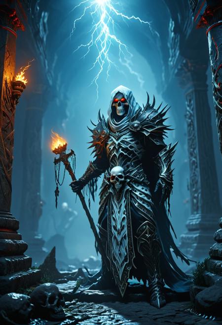 In a game-RPG fantasy setting, a formidable human undead lich, cloaked in white and adorned with spiked armor, menaces with an eldritch staff featuring a skull atop. The character's red eyes glow intensely, while blue lightning crackles around their figure. Set within the eerie ruins of an ancient temple, the atmosphere is both haunting and atmospheric, eliciting a sense of dread and ancient power. The high-definition visuals showcase ultra-detailed, cinematic lighting that further enhances the scene's otherworldly essence.