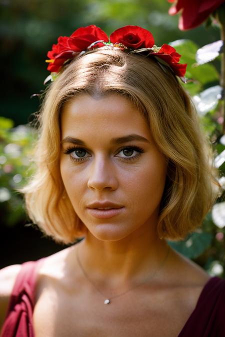 Realistic photo of a beautiful j4n3f0nd4-v2 woman, 1girl, solo, looking at viewer, blonde hair, hair ornament, purple eyes, upper body, flower, parted lips, lips, petals, rose, red flower, realistic, holding flower, soft lighting, professional Photography, Photorealistic, detailed, RAW, analog, sharp focus, 8k, HD, DSLR, high quality, Fujifilm XT3, film grain, award winning, masterpiece<lora:j4n3f0nd4-v2:1.0>