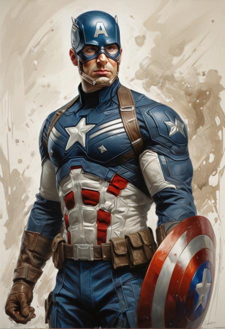 Captain America from Marvel comics, masterful painting in the style of Anders Zorn | Marco Mazzoni | Yuri Ivanovich Pimenov, oil on canvas