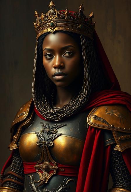 The image features an imposing female warrior Queen as the central figure. She is african and she has black skin, and wears an ornate metallic crown or tiara atop her head, covered with a chain mail hood. Her face is delicate, but her expression is serious and contemplative. She is dressed in full medieval post-apocalyptic style golden armor, giving her an ancient, battle-ready appearance. The metals appear to be a mix of dark steel and gold, with details of ornamented parts visible. A dark red, almost burgundy, belt contrasts with the dark color of the armor. Over the armor she wears a cloak or cape of a deep red hue that gives her a touch of elegance despite her warrior attire.
Underworld  background.
Rembrand oil painting style
