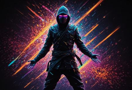 Illuminated ninja in the style of golden glitched rainbow. Snow is falling as holographic colored baroque geometric patterns float around the canvas in the style of colorful digital art. The image has a cyberpunk aesthetic with a glitchy distortion and psychedelic color palette. Black background, neon lights, glitch art, surrealism, high contrast, vibrant colors, psychedelic patterns, ethereal glow. The overall mood should be one of spiritual contemplation and otherworldly beauty. It's like something in the style of science fiction.
