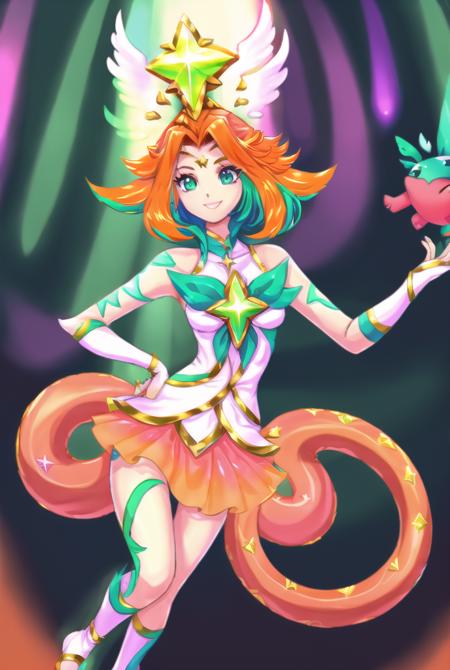 ((star guardian neeko)), neeko \(league of legends\), star guardian \(league of legends\), league of legends, full body, 1girl, solo, ((orange hair)), green hair, multicolored hair, pink hair, pink tail, green hands, green feet