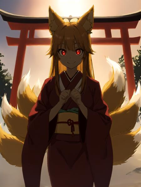 best quality, megami magazine, shrine, multiple torii, sunset, silhouette, cowboy shot,
mature female, traditional youkai, kitsune, slit pupils, glowing red eyes, fox ears, long blond hair, (fox tail, multiple tails:1.2), japanese clothes, kimono, standing, looking at viewer, seductive smile, perfect hands, paw pose, backlighting, <lora:silhouetteKai22222_8:1.2>
<lora:fineline-v2:1> <lyco:envybetterhandsLocon_beta2:1.0>  <lora:flat2:-0.5> <lora:flatBG:1> <lora:blue_theme_v10:-1>