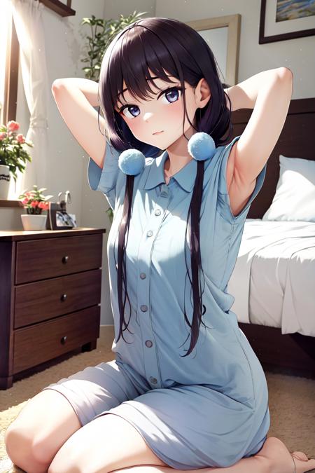 (masterpiece, best quality, absurdres:1.2), MaikaSaku, <lora:Maika5:0.8>, dynamic pose, looking at viewer, (bedroom, indoors), seiza, arms behind head