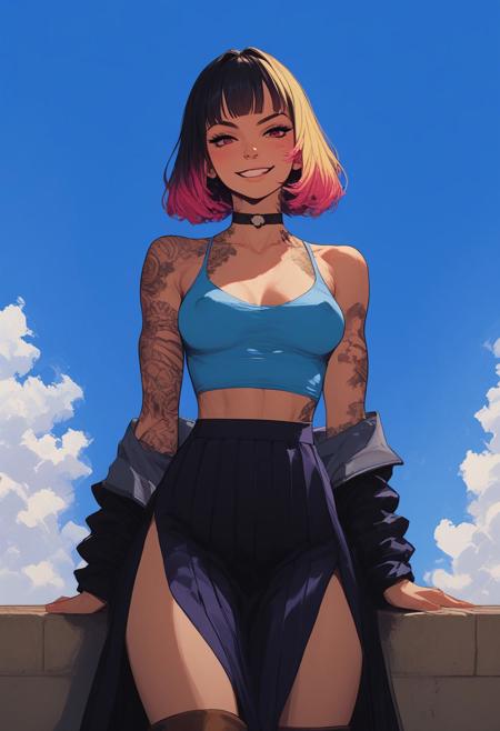 score_9, score_8_up, score_7_up, high detailed, high quality, masterpiece, no text, quality highlights, 8k detail, detailed background, source_anime, far out view, from afar, zoomed out, full body, front view, ultra-detailed, sinozick style,
...
1girl, ((solo)), female focus, Expressiveh, (28 years old), kanroji-mitsuri
(warm skin), (multiple piercings), multicolored hair, shoulder length hair, blunt bangs, two-tone hair, streaked hair, black hair, blonde highlights, (body tattoos),
(Skull tattoos), (black tattoos), beauty face, seductive, gorgeous, (hourglass body), (perfect slender body), (medium breasts), nipple piercing, (sexy), collarbone,
bare shoulders, six pack abs, 
...
 lollipop, smirk, (looking at viewer), standing, leaning forward, laughing,
(Blue crop top, black pleated skirt, long skirt, side slit, brown thigh boots), (black choker),
...
outside, noon, blue sky, beautiful day, at the park, dynamic lighting,