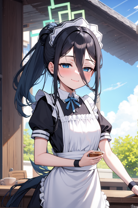 alice, blue eyes, black hair, very long hair, hair between eyes, halo white jacket, long sleeves, open jacket, collared shirt, blue necktie, black skirt, pleated skirt, black socks, white footwear