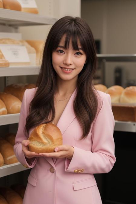 photo realistic, masterpiece, best quality, studio lighting, solo, jmc <lora:jennettemccurdyV01:1>, <lora:polyhedron_skinny_all:.3>, pink suit, holding a ((bread,puff)) (Urn) with ((two hands)) , light smiling ,  blonde highlights with bangs , bakery background,(looking at viewer, realistic eye and face details),film grain:1.5, Kodak Max 400 Film), (nsfw:1.2)