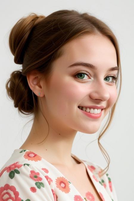 HD, perfect quality, 16k, very detailed,  a beautiful 21yo college girl with ginger hair in an updo, pale skin, wearing a calico floral dress, pink fleckes, green eyes, slim, detailed skin, hair behind ear, eyeshadow, smiling proudly, standing in front of white background