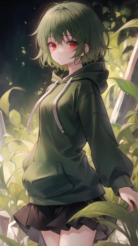 1girl, green hair, red eyes, hoodie, short hair, (solo:1.3),  <lora:MatchaStyleV1:1>