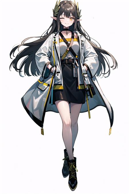 mumu, 1girl, solo, one eye closed, white background, full body, simple background, coat, skirt, long sleeves, boots, black footwear, open clothes, open coat, black skirt, looking at viewer, white coat, smile <lora:muelsyse-000008:1>