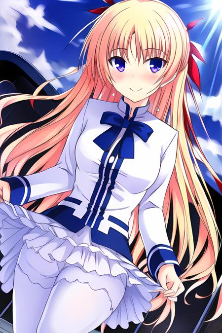 christiane friedrich, 1girl, best quality, masterpiece, white school uniform, smile, blush, white pantyhose, frilled skirt, red hair ribbons, <lora:Christiane_Friedrich-15:0.9>