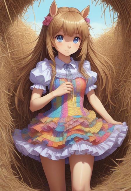 <lora:Straw_thread:0.5>,highly detailed,anime,1girl,adult,30 years old,psychedelic,surrounded by straw,wearing frilly dress,fun,colourful,<lora:[GP] somethingweird [Pony XL]:1>,