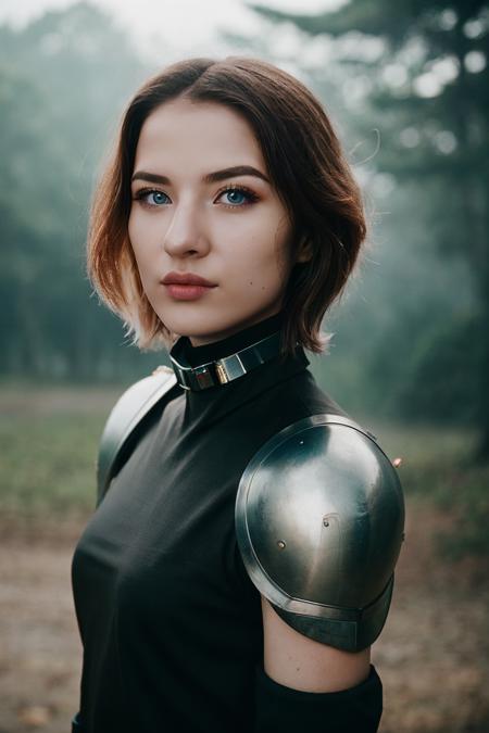 <lora:kira01:1>, RAW, analog style,  (head and shoulder shot:1.2) of wo_kira01, wearing a futuristic armor with a high-tech choker, highly detailed skin, skin details, sharp focus, volumetric fog, 8k UHD, DSLR, high quality, film grain, Fujifilm XT3