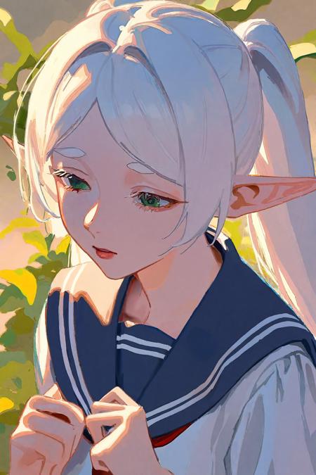 impasto, frieren, 1girl, simple background, white hair, elf, serafuku, best quality, detailed, beautiful