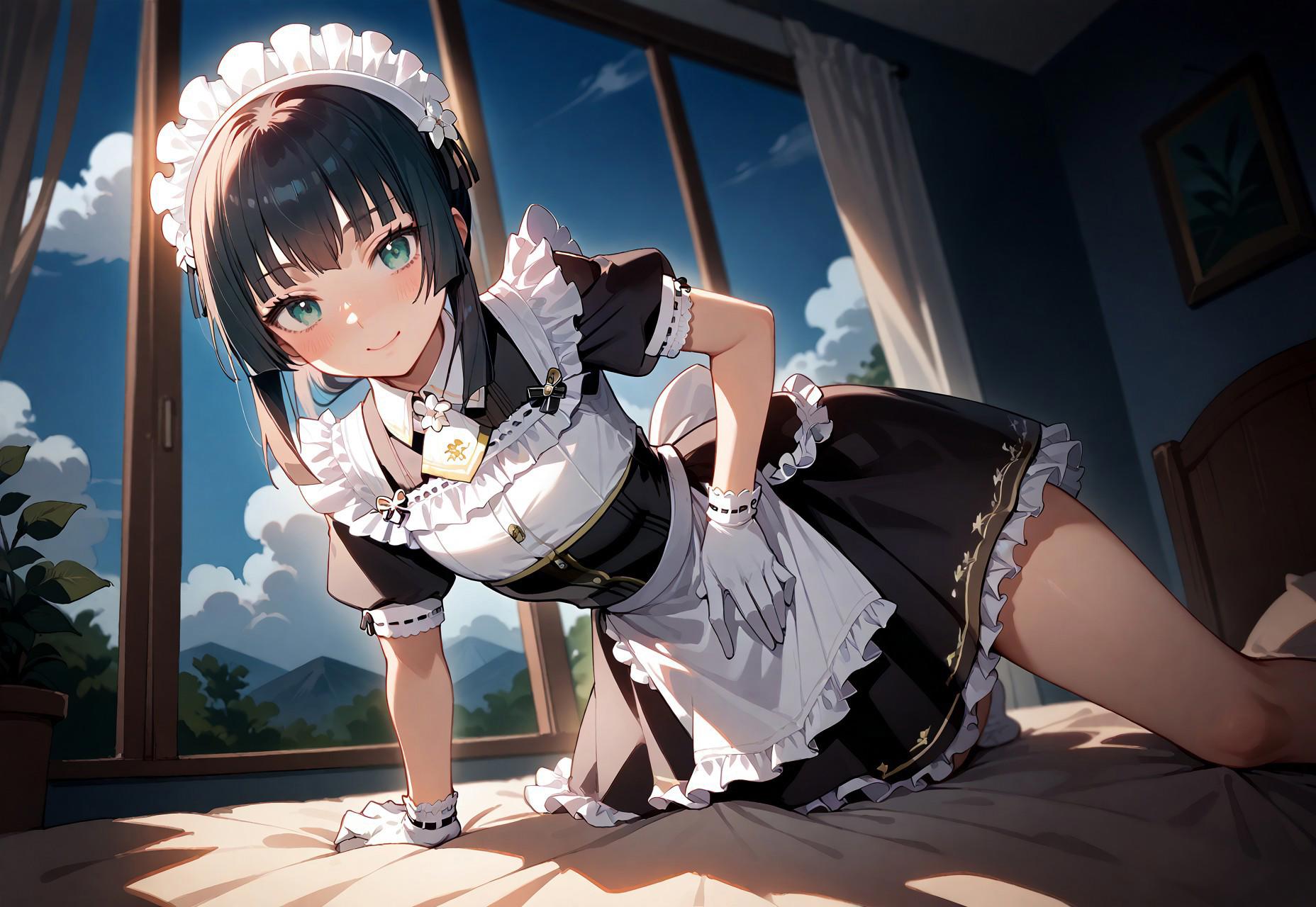 score_9, score_8_up, score_7_up, score_6_up, source_anime. zPDXL3, 1girl, solo, Mafuyu, Sofia maid outfit, Sofia maid headdress, Sofia maid gloves, looking at viewer, smile, leaning forward, bed sheet, window, sunlight, sunny, blue sky, cloud, pov, from below, light from behind,