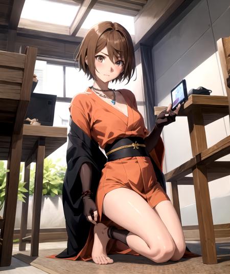 1girl, (shapely body), (solo), <lora:Saiai Kinuhata_L:1>, RAW, hdr, saiai kinuhata, solo, short hair, brown hair, gloves, brown eyes, jewelry, japanese clothes, barefoot, elbow gloves, indoors, fingerless gloves, kimono, necklace, sash, kneeling, obi, phone, table, short kimono, one knee