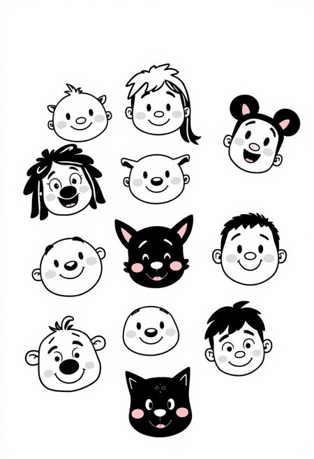 a page of black and white doodle cartoon characters, simple line art style, white background, no shadows, no shading, vector illustration, pixar inspired characters, cartoon faces with different expressions, high contrast, bold lines, exaggerated features, symmetrical composition, cool tones, playful mood.