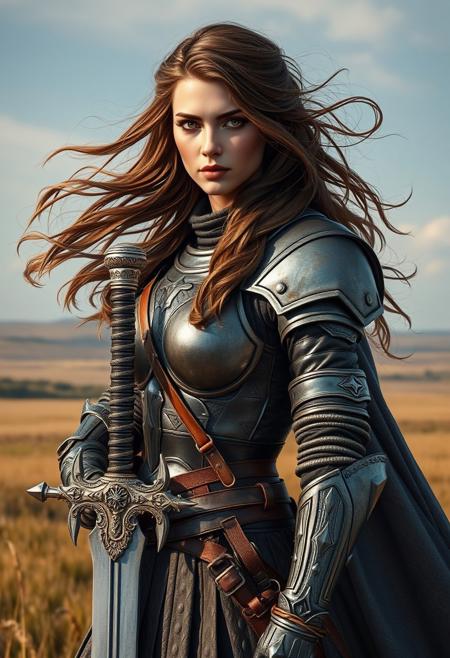 a (gorgeous:1.1) noble female knight,
battle-hardened face,
(brawny:1.5) arms and shoulders,
a adorned fantasy sword at her side,
(long:1.3) brown swirling hair blowing in the wind,
(adorned:1.3) steel armor,
wearing a grey-silver tunic,
flat grasslands in the background