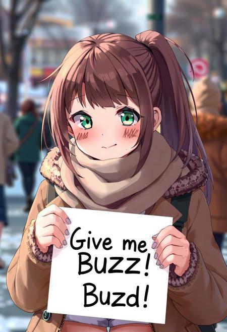 score_4,score_5,score_6,score_7_up,score_8_up,score_9 ((masterpiece,best quality,ultra detailed,highres,HD,4k:1.2)), 
1girl,face focus,
 1 cute girl,girl focus,solo focus,solo, 
brown hair, long hair, ponytail, sidelocks, green eyes,large breasts,
coat,scarf,white shirt,Hooded coats, fur coats,long sleeves,shorts,legwear under shorts,pantyhose, outdoors,winter, (("Give me Buzz.",Beggars Borad,Holding a sign, holding a sign that says, "Give me Buzz."))
wink,happy,blush, looking at viewer, smile,