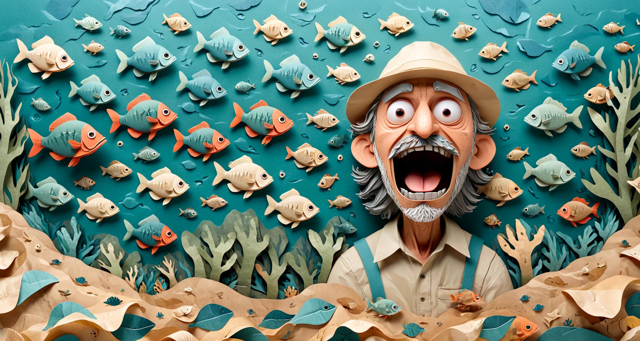 A man yelling in front of a wall filled with fish cutouts.
