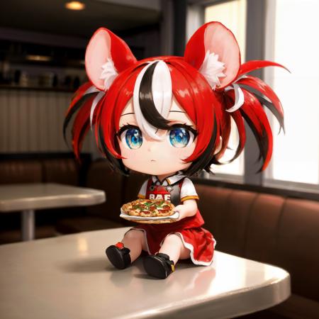 Masterpiece, best quality, (tiny Hakos Baelz, full body, chibi style:1.2), hololive, mouse ears, blue eyes, short hair, twintails, tiny human, miniature, on a table, sitting at a tiny table, (american diner, 70s diner restaurant), next to a tiny pizza, ((pepperoni pizza)) detailed background, depth of field, rimlighting, specular highlights, bloom, atmospheric lighting, (colorful, vivid, sunlight, warm lighting:1.2) <lora:allVtubersLora_hll31:1>