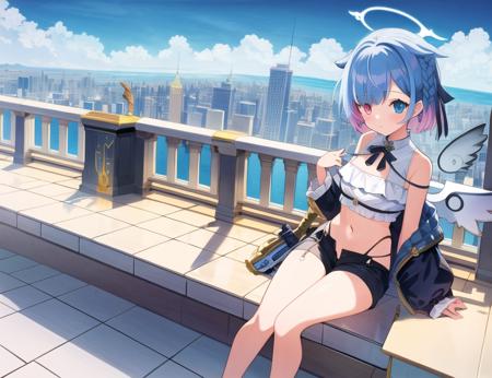 masterpiece, best quality, high quality, illustration, outdoors, rooftop, cityscape, shadow, 1girl, solo, standing, <lora:nana:1>, wings, halo, shorts, unbuttoned shorts, multicolored hair, multicolored eyes,