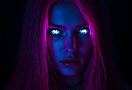 Create a high-resolution, ultra-realistic professional photo of a woman with long, neon-pink hair, illuminated in a dark, moody setting. Her eyes are glowing with an eerie, supernatural white light, giving an intense, hypnotic gaze. The lighting is dim, casting deep shadows on her face, with neon hues of magenta and cyan subtly highlighting her features. Her expression is serious and mysterious, evoking a sense of otherworldly allure. The atmosphere should feel futuristic and ethereal, with high contrast between light and shadow. Capture every detail in her hair strands, skin texture, and makeup for maximum realism and depth, emphasizing a cinematic, atmospheric look with a cyberpunk aesthetic. Ensure the photo is in the highest detail, focusing on clarity, sharpness, and a slightly surreal, hypnotic ambiance