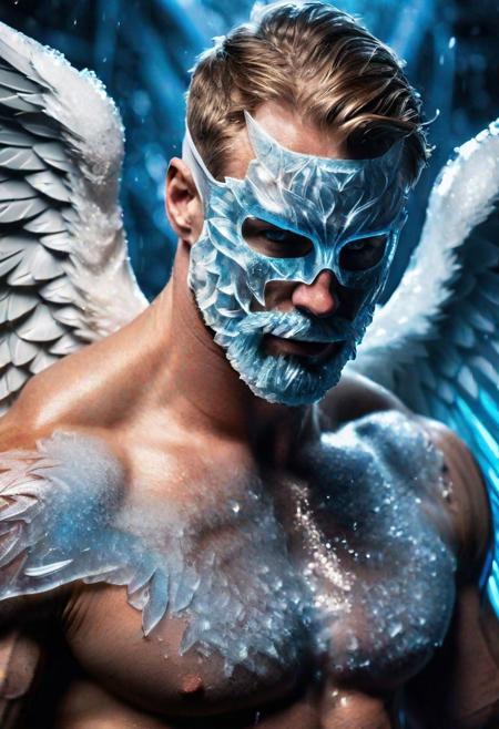high quality, photo of 30 y.o muscular Scandinavian man, upper body, face mask of translucent ice, wings of translucent ice on his back, icy blue eyes, detailed face, shirtless, dynamic pose, cinematic shot, dramatic lighting, blizzard, magical