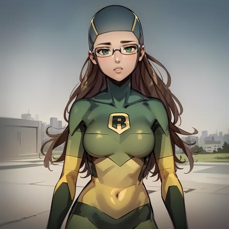 ((masterpiece, best quality)), solo,1girl, brown hair, cowboy shot, green eyes, tight, bodysuit, glasses, long hair, Shrinking Rae,  ,  <lora:Shrinking_rae2:0.8>, blue sky,