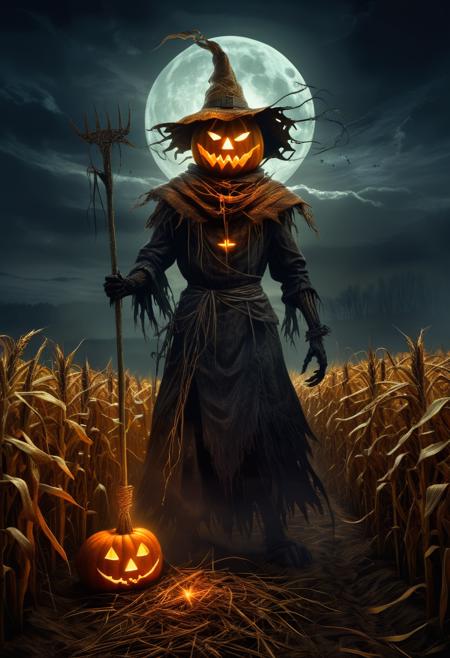 Dark Fantasy Art, Dark Moody Atmosphere, A menacing pumpkin-headed scarecrow looms in a moonlit cornfield, wielding a rusted pitchfork. Eerie orange light flickers within its carved grimace. Tattered robes billow in the autumn wind. Mystical runes glow on its straw-stuffed body, evoking ancient harvest rituals., dramatic, mysterious, dark moody atmosphere, dark, moody, dark fantasy style