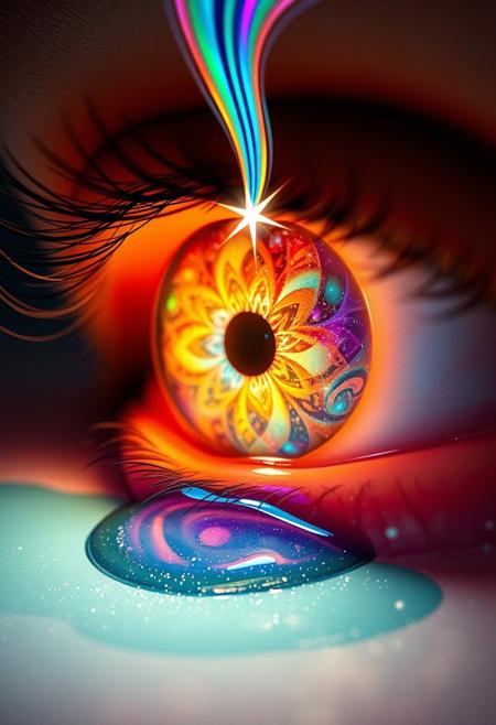 A single, opened eye stares out, its iris a swirling vortex of enchanting imagery. The eye's insides are a kaleidoscope of colors, with delicate, shimmering patterns and vibrant, glowing shapes. As the eye begins to leak, the images spill out, like a puddle of imagination and magic, spreading across the surrounding surface. A tiny, iridescent shooting star emerges from the eye's corner, its colorful tail trailing in a hypnotic rhythm. Nearby, a sprinkle of glittering, stardust twinkles, as if the cosmos itself has been distilled into this tiny, shimmering pool. Every detail of the scene is meticulously rendered, from the intricate, lace-like patterns on the eye's surface to the delicate, sparkling tears that well up in its corner. The overall effect is one of breathtaking, surreal wonder, as if the very fabric of reality is being rewritten by the power of imagination. highest-Quality, intricate details, visually stunning, Masterpiece