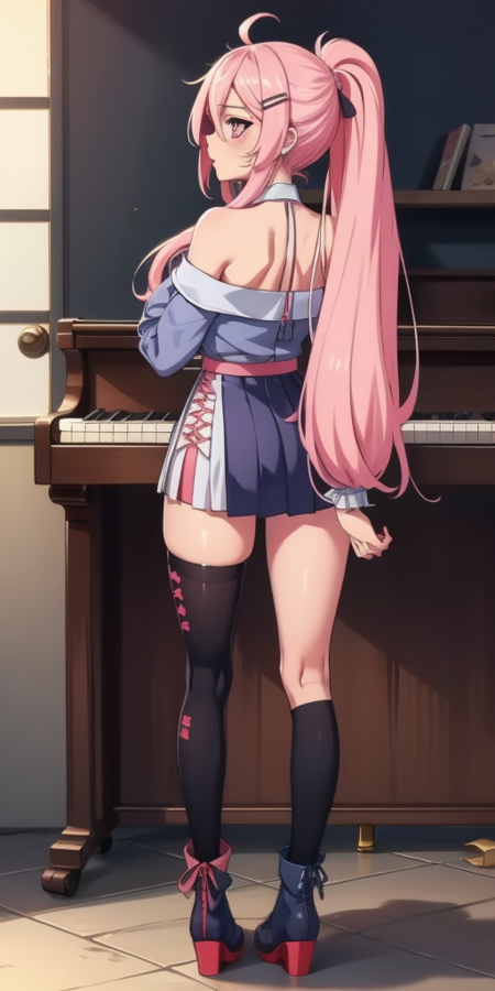 Ayyuri, vtuber, pink hair, very long hair, ponytail, hair between eyes, hairclip, purple eyes, animal ears, animal ear fluff, headset, piano necktie, off-shoulder, long sleeves, pleated skirt, thighhighs, uneven legwear, chunky sole boots, lace-up boots