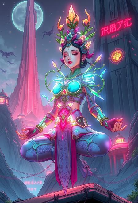 comic image of an asian female animation character in the style of Enki Bilal , Holographic and translucent elements , with Bio-engineered plant armor with bioluminescent vines outfit, Hovering just above the ground in meditation, Colossal alien fortress carved into the side of a mountain, Flashing warning lights in an emergency, graphic illustration, comic art, graphic novel art, vibrant, highly detailed, Highest-Quality, 4k, intricate details, visually stunning, Masterpiece
