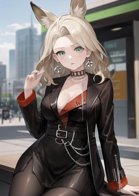 giovanna, one piece dress,  chain, pantyhose, black jacket, open clothes, jewerly,  red suit cuffs