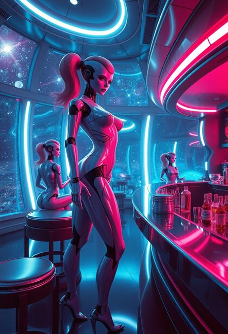 A futuristic strip club in outer space with the latest fembot stripper models. Large windows in the club reveals the surrounding cosmos. The robotic fembot strippers are obviously not human but are still elegant, beautiful and sexy. One particular fembot approaches the viewer at the bar strutting her stuff.