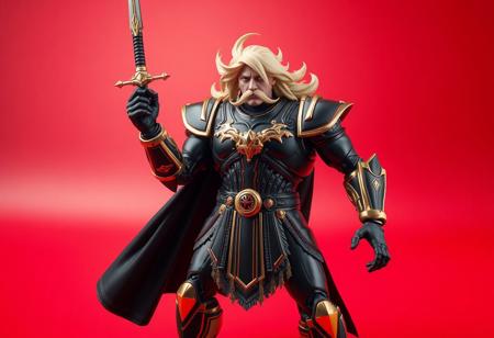 Master Superdimensional Robot Galaxy Destroyer, center in a powerful stance. Black outfit with regal gold accents, flowing blonde hair, rugged mustache. Wielding sword aloft, left hand on hip. Isolated on a vibrant crimson floor. High-res, 4K, Exceptional Quality, Super Detailed face, eyes, clothes. Sharp Lines, Stunning Colors, Impeccable Composition, Cinematic Lighting, Octane Render, Unreal Engine 5, Houdini Style, CGSociety, Artstation Trending on ArtstationHQ, Golden Ratio.